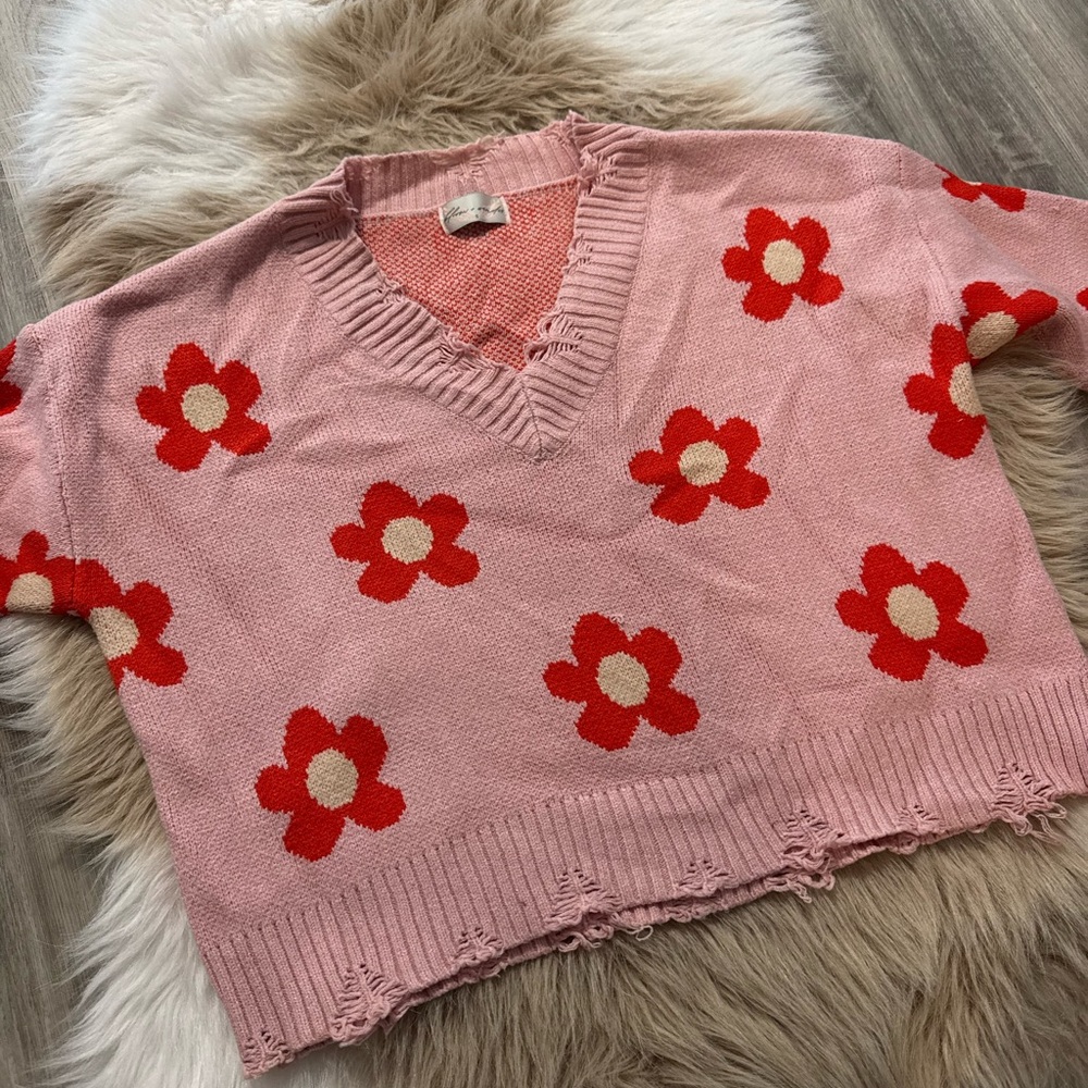 Pink Floral V-Neck Knit Sweater